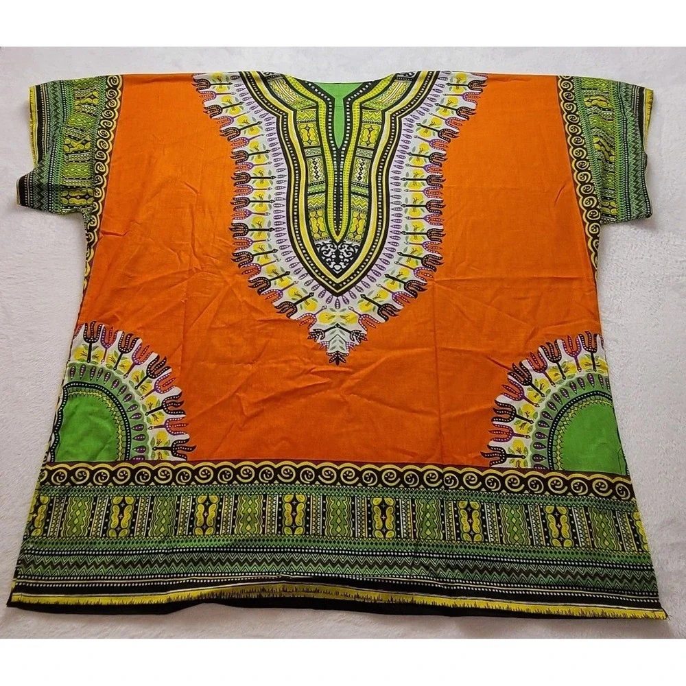 Jackpot Dashiki Shirt Orange‎ Cotton African Print V-Neck Tunic One Size OSFM